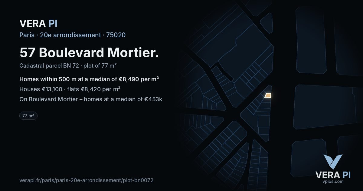 57 Boulevard Mortier, 20e arrondissement at night – the plot lit, the parcels around coloured by the prices near them