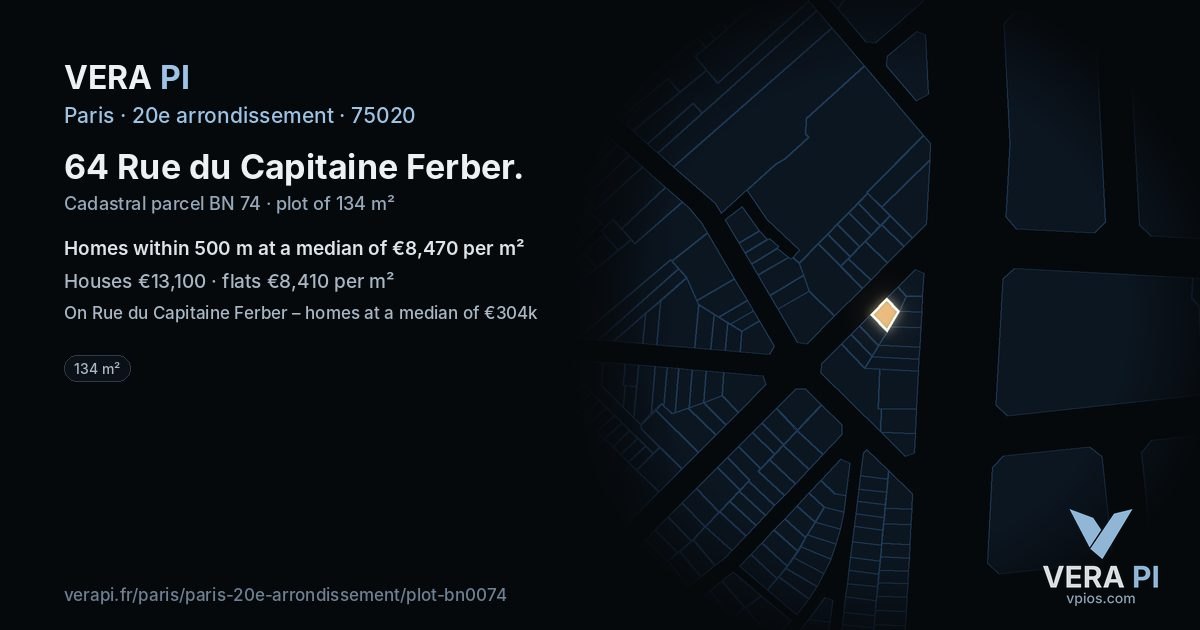 64 Rue du Capitaine Ferber, 20e arrondissement at night – the plot lit, the parcels around coloured by the prices near them