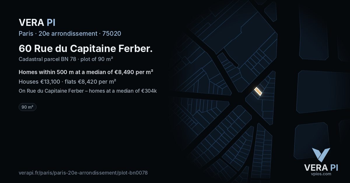 60 Rue du Capitaine Ferber, 20e arrondissement at night – the plot lit, the parcels around coloured by the prices near them
