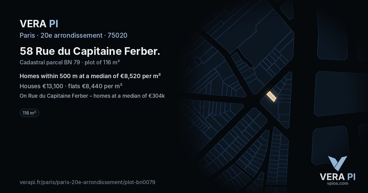 58 Rue du Capitaine Ferber, 20e arrondissement at night – the plot lit, the parcels around coloured by the prices near them