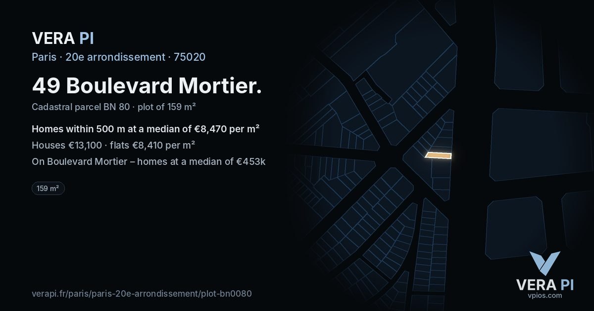 49 Boulevard Mortier, 20e arrondissement at night – the plot lit, the parcels around coloured by the prices near them