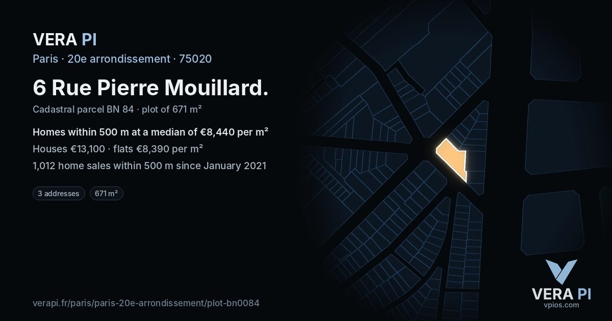 6 Rue Pierre Mouillard, 20e arrondissement at night – the plot lit, the parcels around coloured by the prices near them