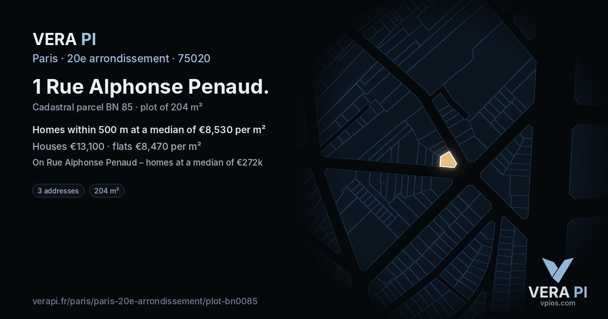 1 Rue Alphonse Penaud, 20e arrondissement at night – the plot lit, the parcels around coloured by the prices near them