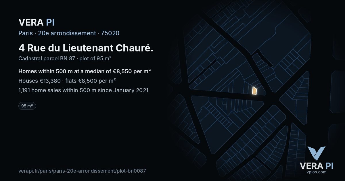 4 Rue du Lieutenant Chauré, 20e arrondissement at night – the plot lit, the parcels around coloured by the prices near them