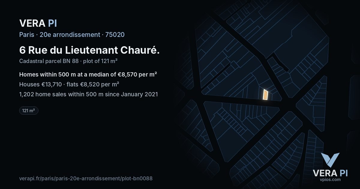 6 Rue du Lieutenant Chauré, 20e arrondissement at night – the plot lit, the parcels around coloured by the prices near them