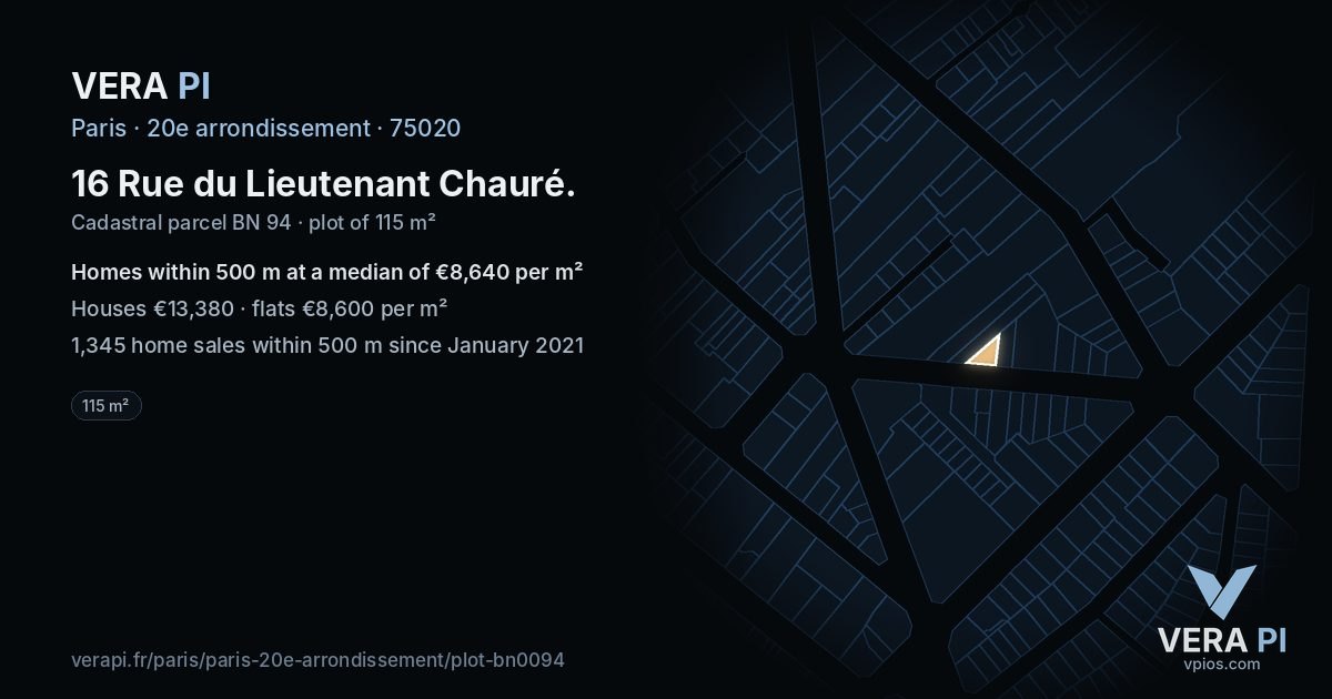 16 Rue du Lieutenant Chauré, 20e arrondissement at night – the plot lit, the parcels around coloured by the prices near them