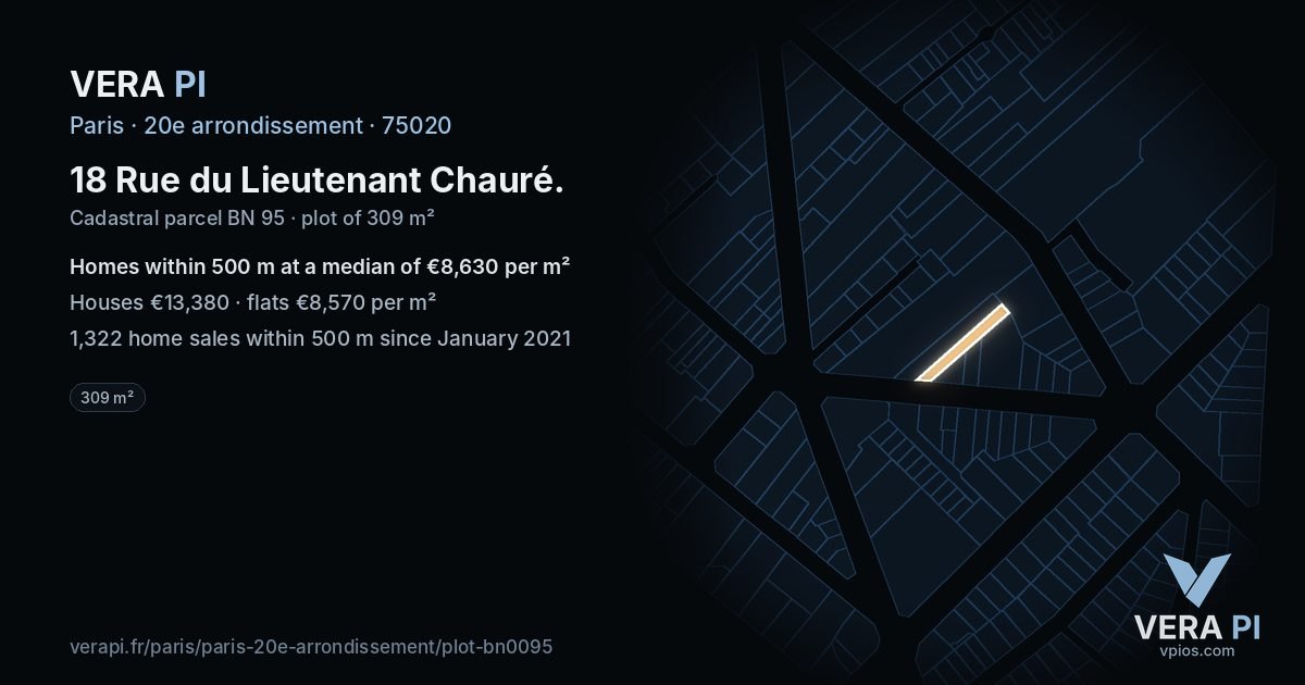 18 Rue du Lieutenant Chauré, 20e arrondissement at night – the plot lit, the parcels around coloured by the prices near them