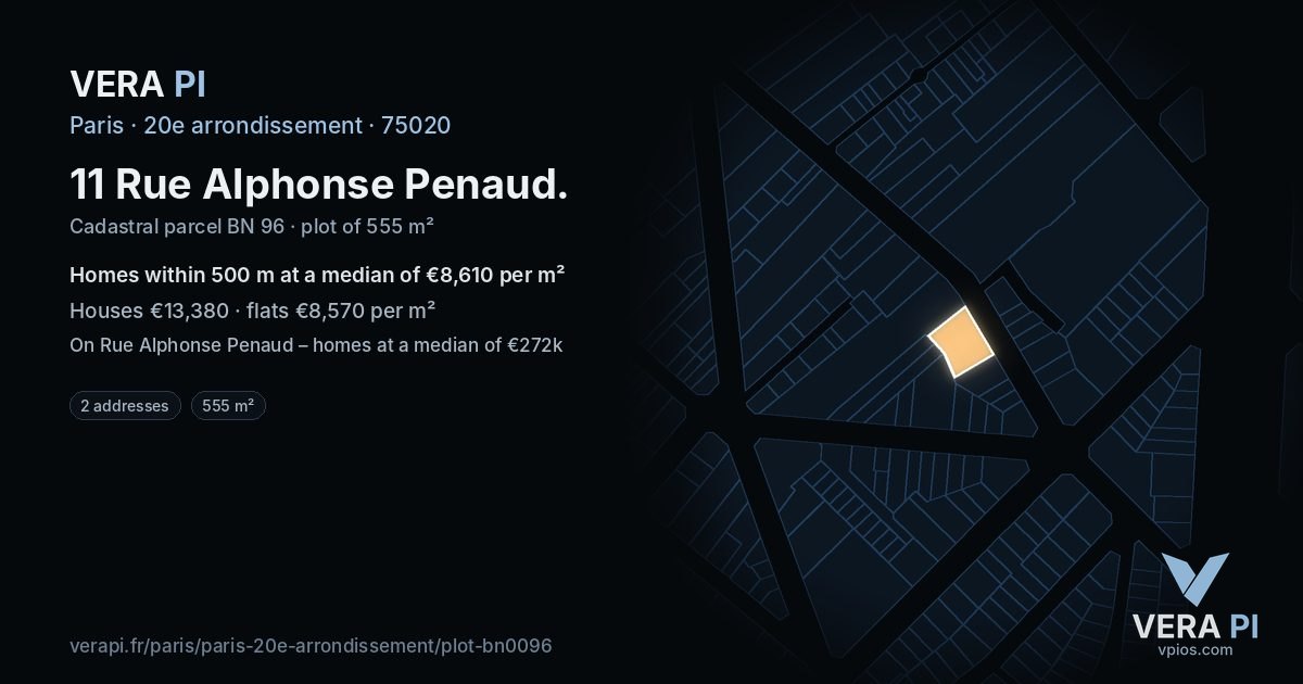 11 Rue Alphonse Penaud, 20e arrondissement at night – the plot lit, the parcels around coloured by the prices near them