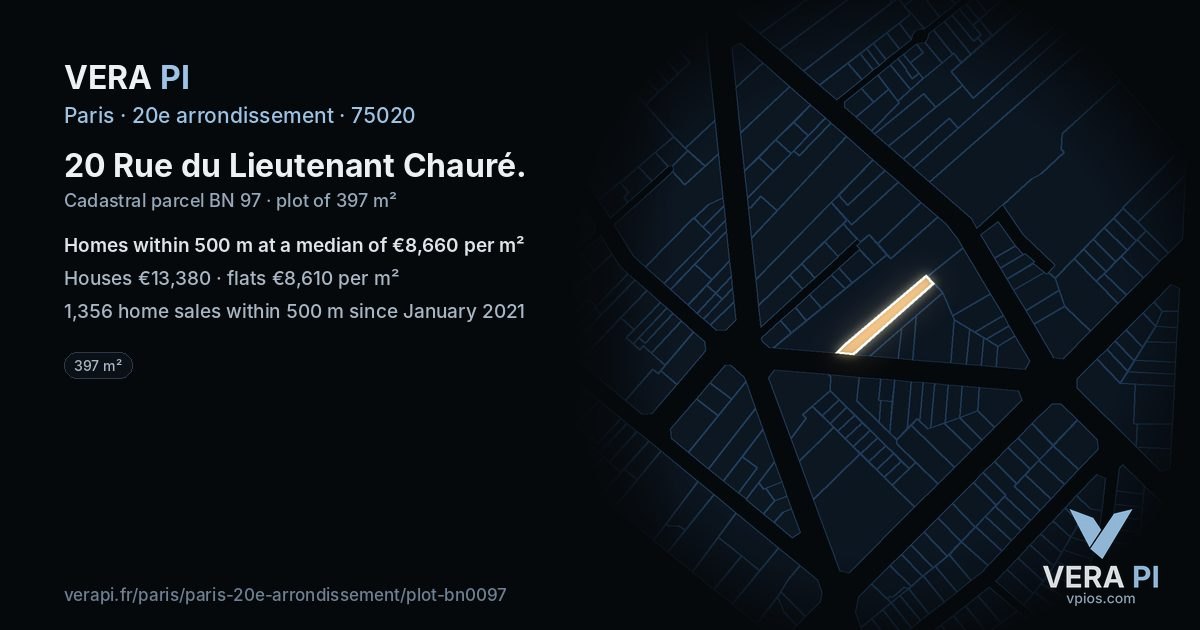 20 Rue du Lieutenant Chauré, 20e arrondissement at night – the plot lit, the parcels around coloured by the prices near them