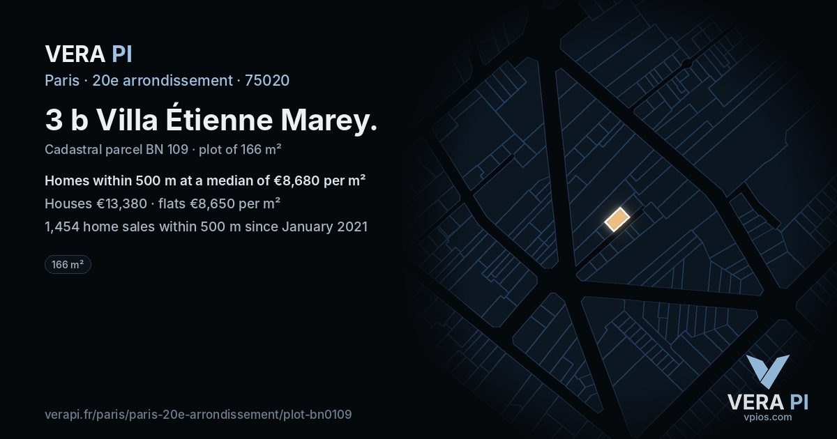 3 b Villa Étienne Marey, 20e arrondissement at night – the plot lit, the parcels around coloured by the prices near them