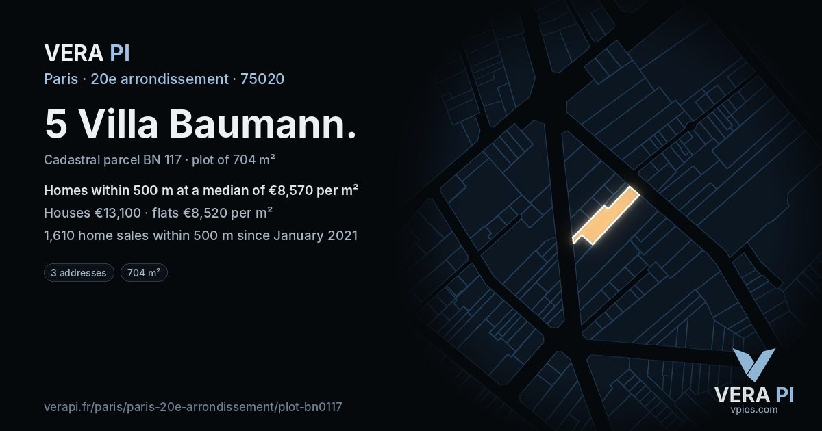 5 Villa Baumann, 20e arrondissement at night – the plot lit, the parcels around coloured by the prices near them