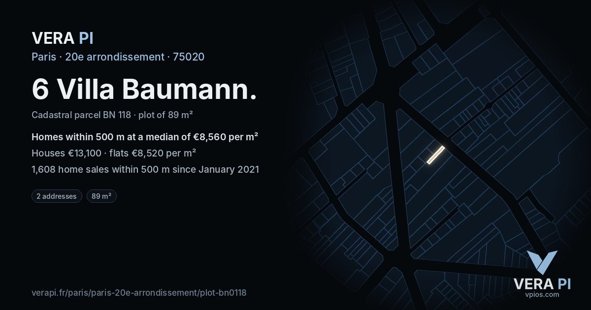 6 Villa Baumann, 20e arrondissement at night – the plot lit, the parcels around coloured by the prices near them