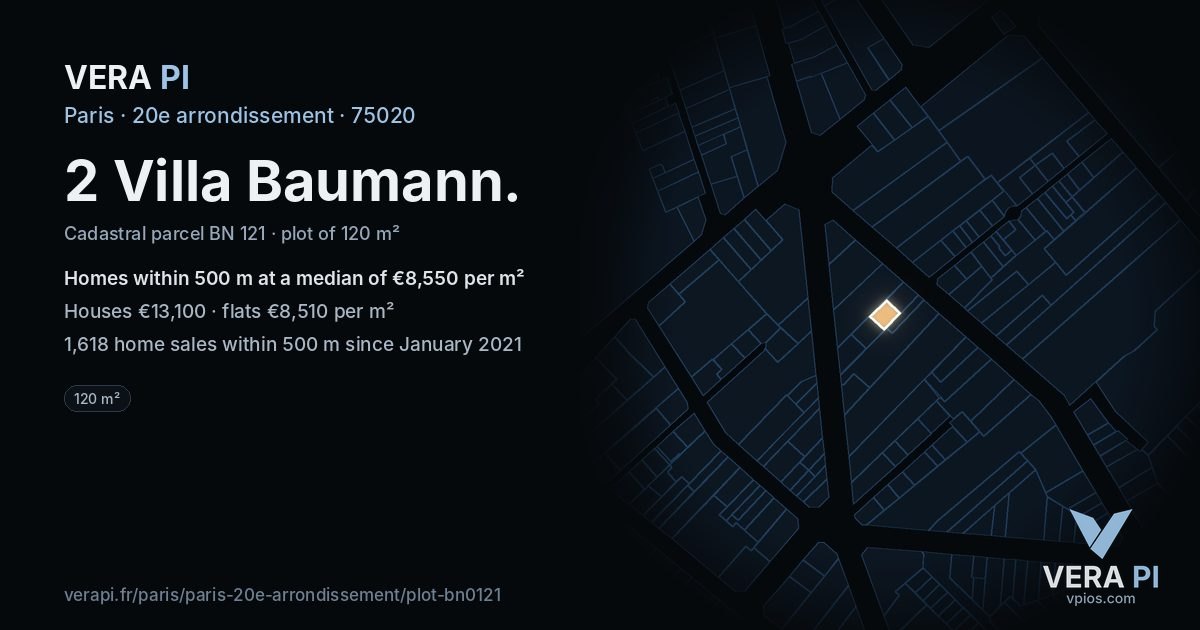 2 Villa Baumann, 20e arrondissement at night – the plot lit, the parcels around coloured by the prices near them