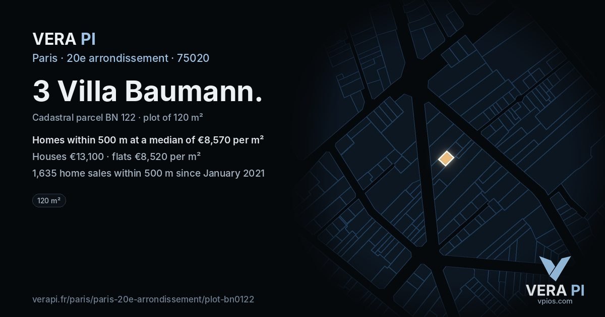 3 Villa Baumann, 20e arrondissement at night – the plot lit, the parcels around coloured by the prices near them