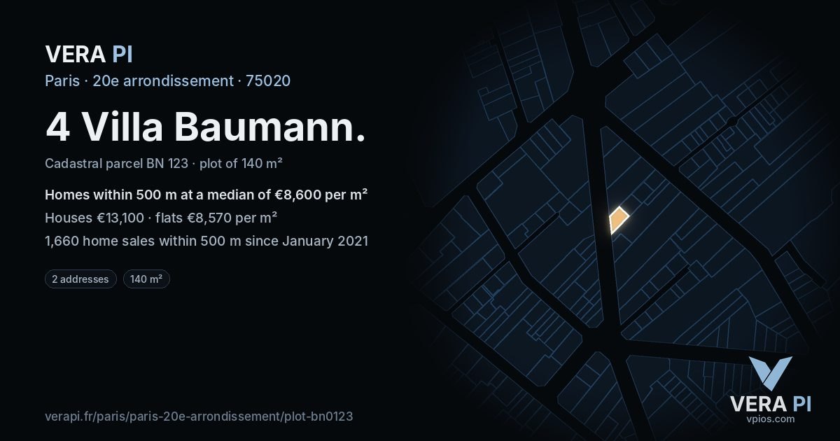 4 Villa Baumann, 20e arrondissement at night – the plot lit, the parcels around coloured by the prices near them