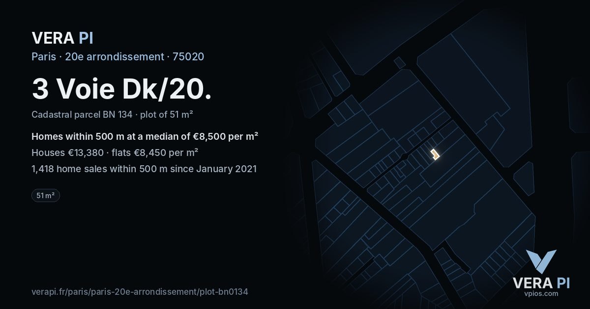 3 Voie Dk/20, 20e arrondissement at night – the plot lit, the parcels around coloured by the prices near them