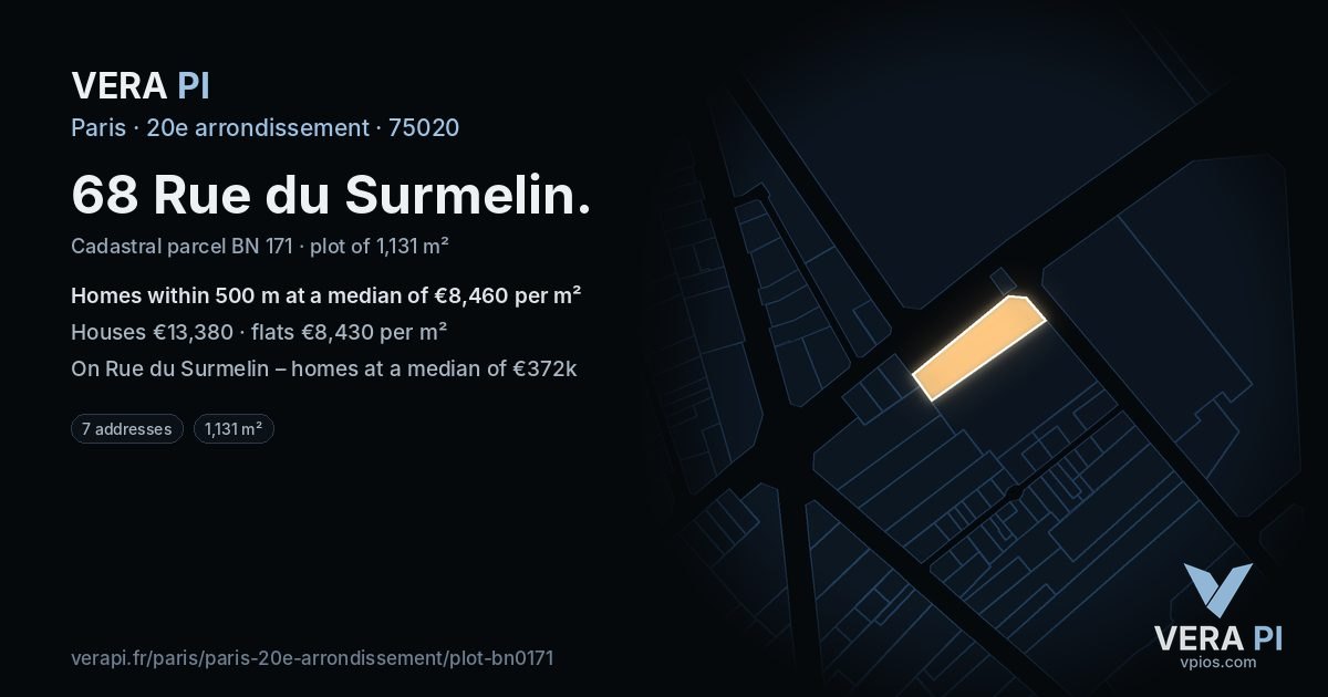 68 Rue du Surmelin, 20e arrondissement at night – the plot lit, the parcels around coloured by the prices near them