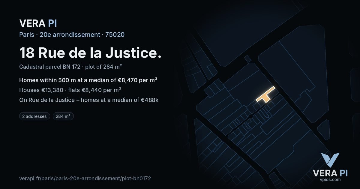 18 Rue de la Justice, 20e arrondissement at night – the plot lit, the parcels around coloured by the prices near them