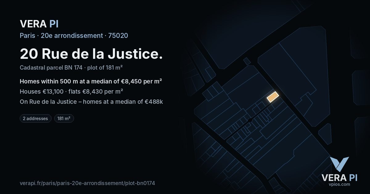 20 Rue de la Justice, 20e arrondissement at night – the plot lit, the parcels around coloured by the prices near them