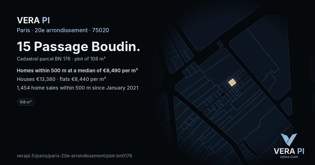 15 Passage Boudin, 20e arrondissement at night – the plot lit, the parcels around coloured by the prices near them