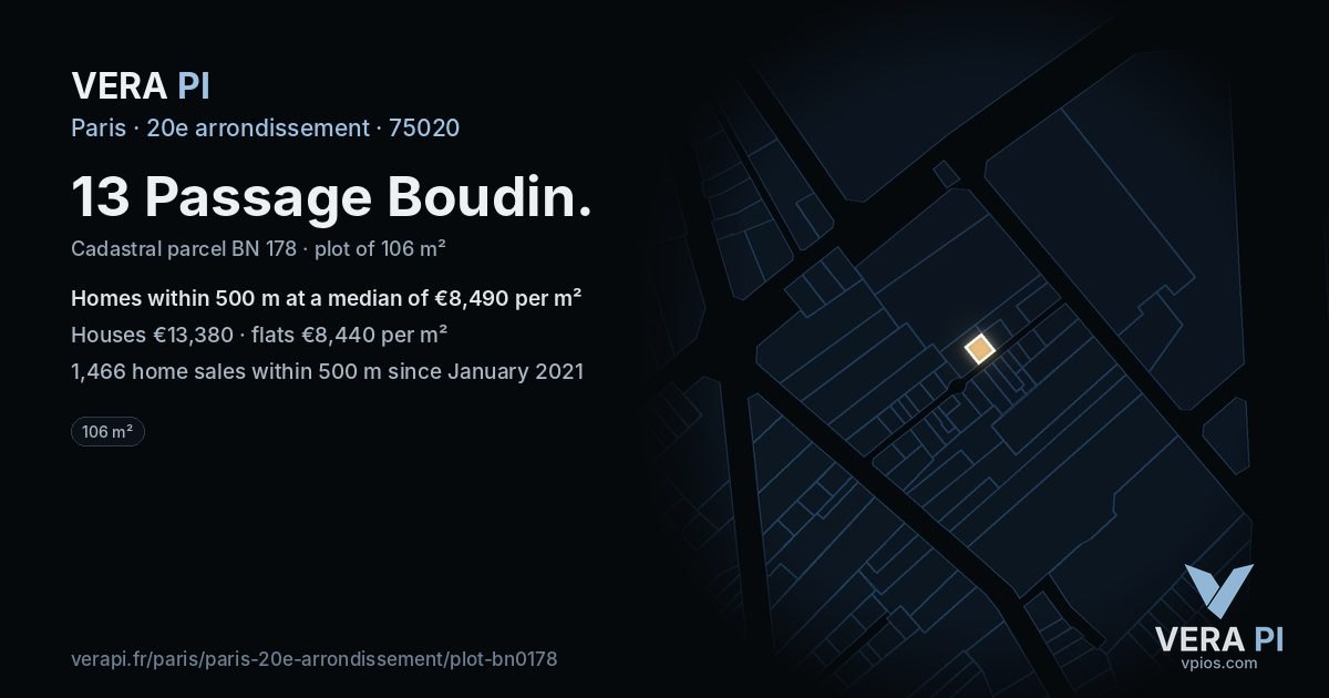 13 Passage Boudin, 20e arrondissement at night – the plot lit, the parcels around coloured by the prices near them