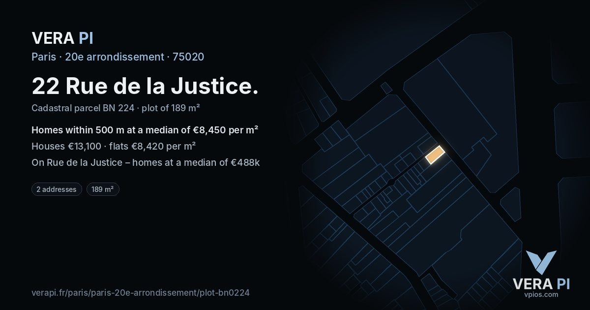 22 Rue de la Justice, 20e arrondissement at night – the plot lit, the parcels around coloured by the prices near them
