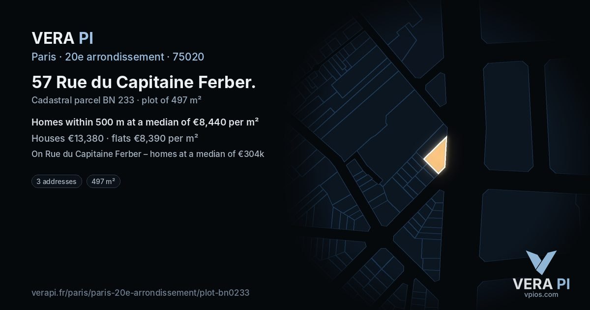 57 Rue du Capitaine Ferber, 20e arrondissement at night – the plot lit, the parcels around coloured by the prices near them