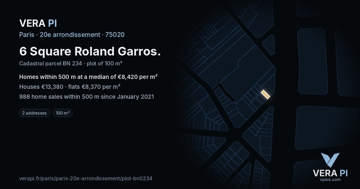 6 Square Roland Garros, 20e arrondissement at night – the plot lit, the parcels around coloured by the prices near them