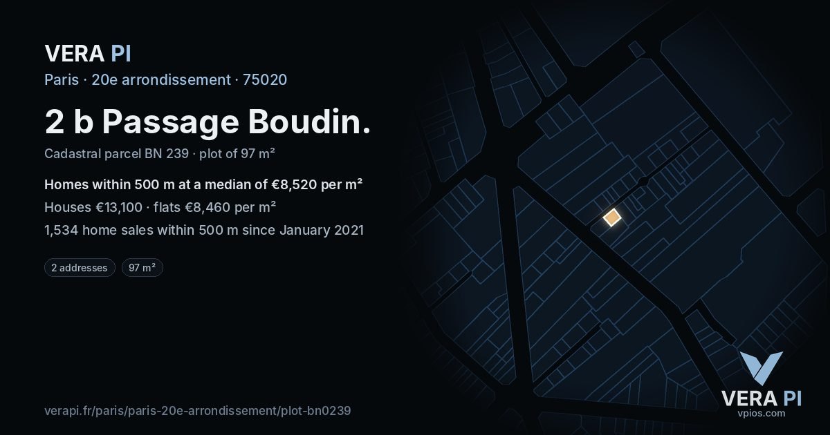 2 b Passage Boudin, 20e arrondissement at night – the plot lit, the parcels around coloured by the prices near them