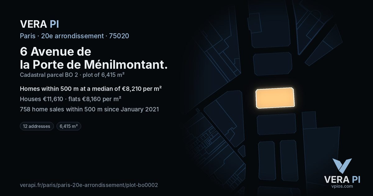 6 Avenue de la Porte de Ménilmontant, 20e arrondissement at night – the plot lit, the parcels around coloured by the prices near them