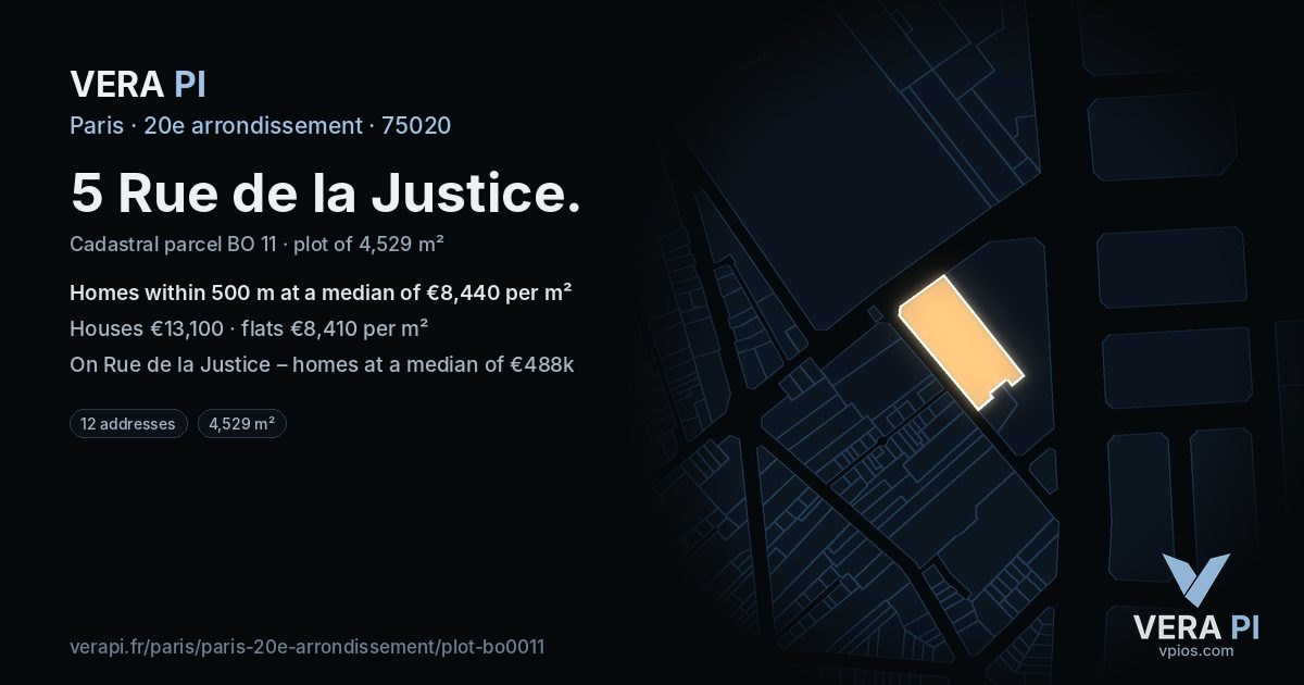 5 Rue de la Justice, 20e arrondissement at night – the plot lit, the parcels around coloured by the prices near them