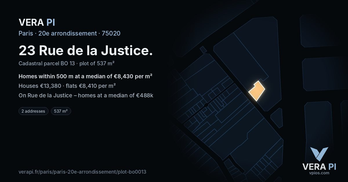 23 Rue de la Justice, 20e arrondissement at night – the plot lit, the parcels around coloured by the prices near them