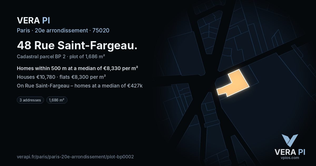 48 Rue Saint-Fargeau, 20e arrondissement at night – the plot lit, the parcels around coloured by the prices near them