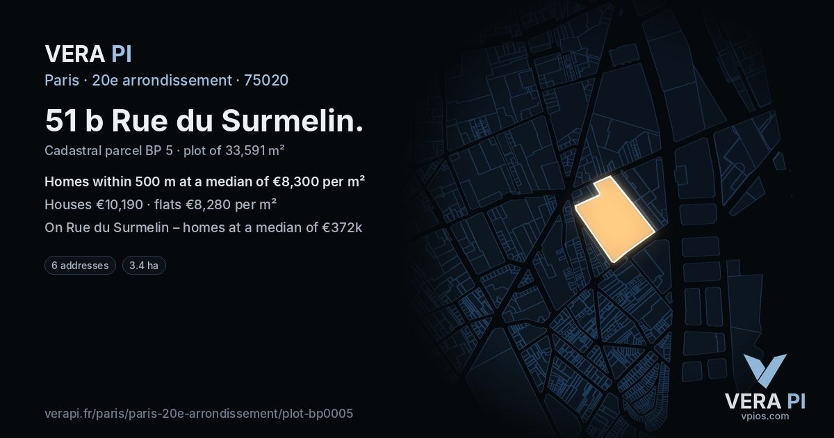 51 b Rue du Surmelin, 20e arrondissement at night – the plot lit, the parcels around coloured by the prices near them
