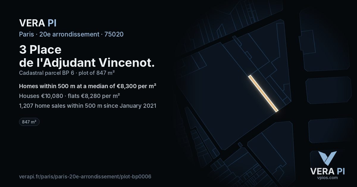 3 Place de l'Adjudant Vincenot, 20e arrondissement at night – the plot lit, the parcels around coloured by the prices near them