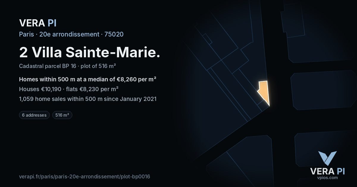 2 Villa Sainte-Marie, 20e arrondissement at night – the plot lit, the parcels around coloured by the prices near them