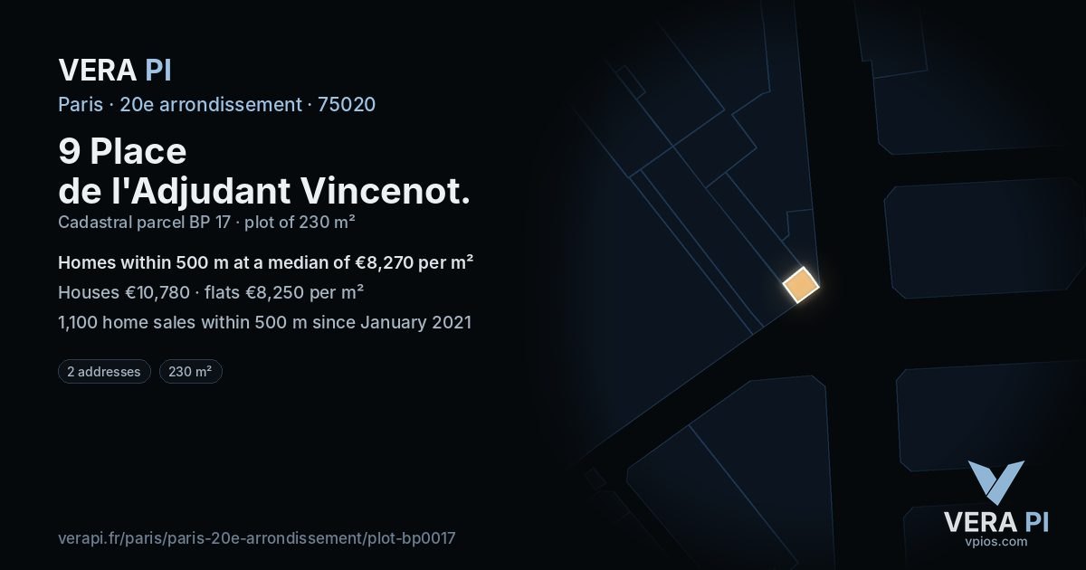 9 Place de l'Adjudant Vincenot, 20e arrondissement at night – the plot lit, the parcels around coloured by the prices near them