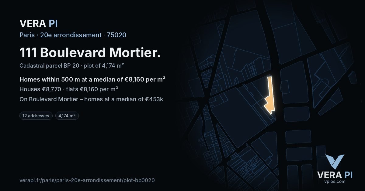 111 Boulevard Mortier, 20e arrondissement at night – the plot lit, the parcels around coloured by the prices near them