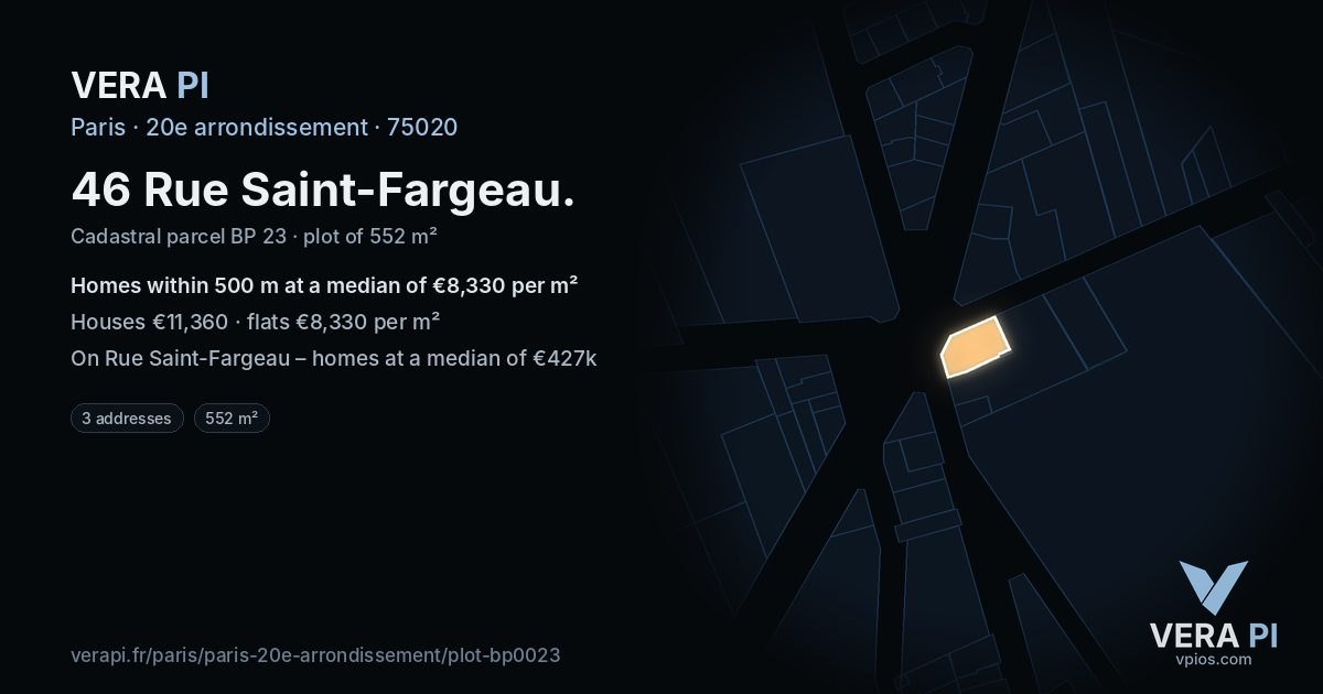 46 Rue Saint-Fargeau, 20e arrondissement at night – the plot lit, the parcels around coloured by the prices near them