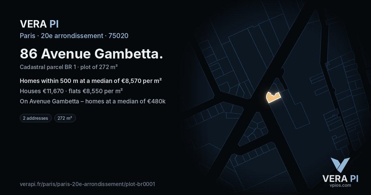 86 Avenue Gambetta, 20e arrondissement at night – the plot lit, the parcels around coloured by the prices near them