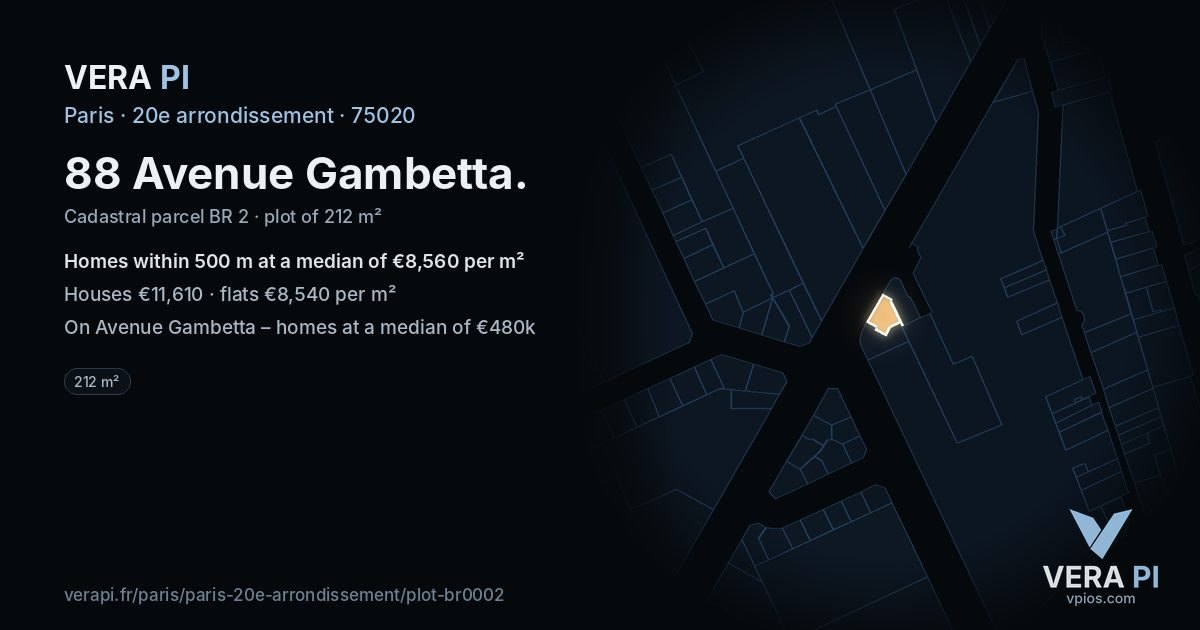 88 Avenue Gambetta, 20e arrondissement at night – the plot lit, the parcels around coloured by the prices near them
