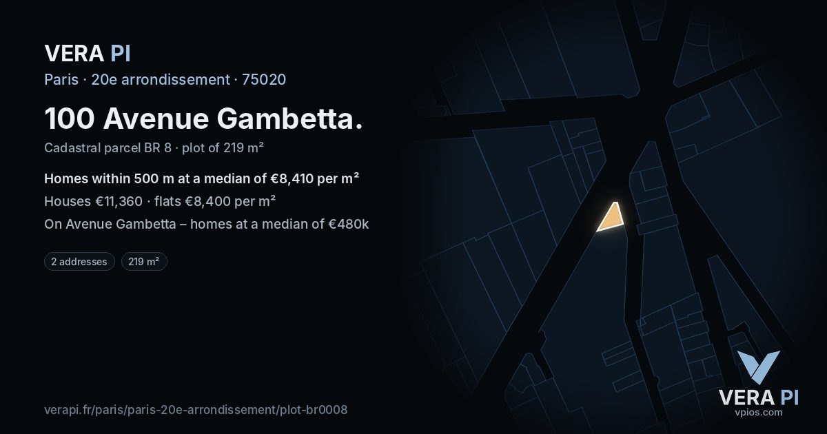 100 Avenue Gambetta, 20e arrondissement at night – the plot lit, the parcels around coloured by the prices near them