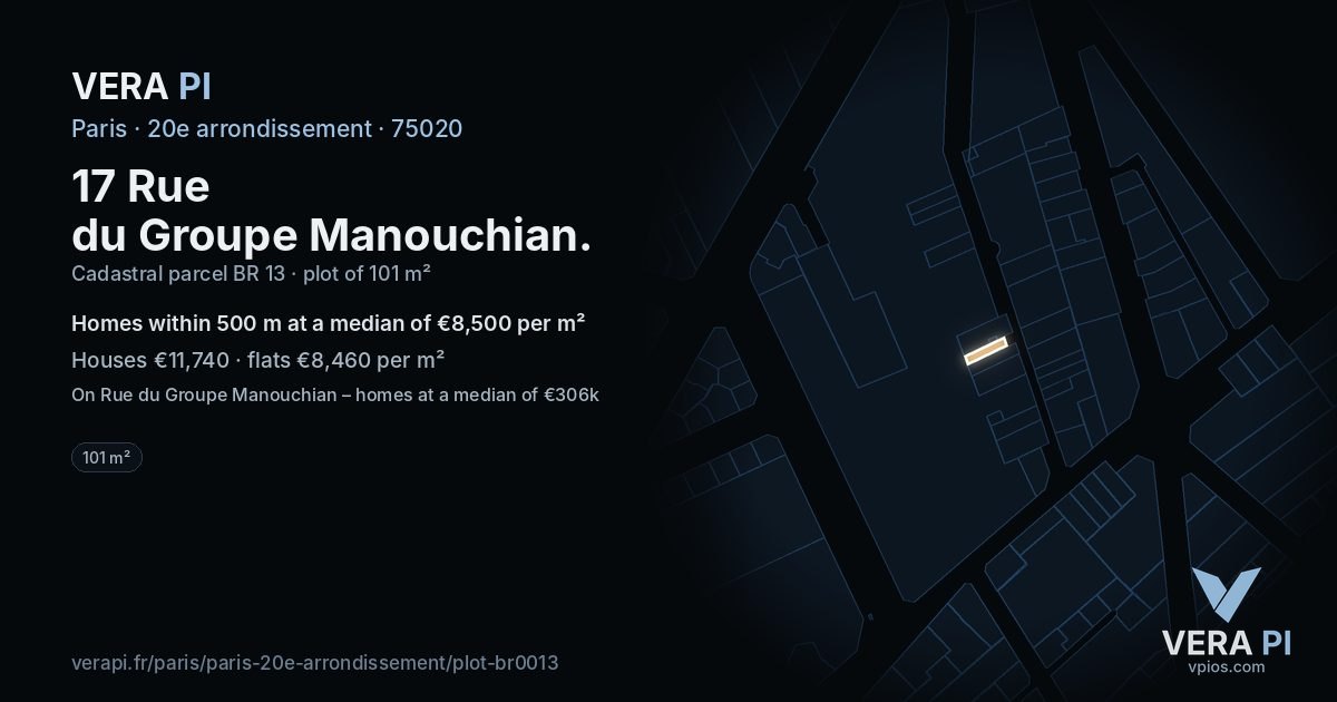 17 Rue du Groupe Manouchian, 20e arrondissement at night – the plot lit, the parcels around coloured by the prices near them