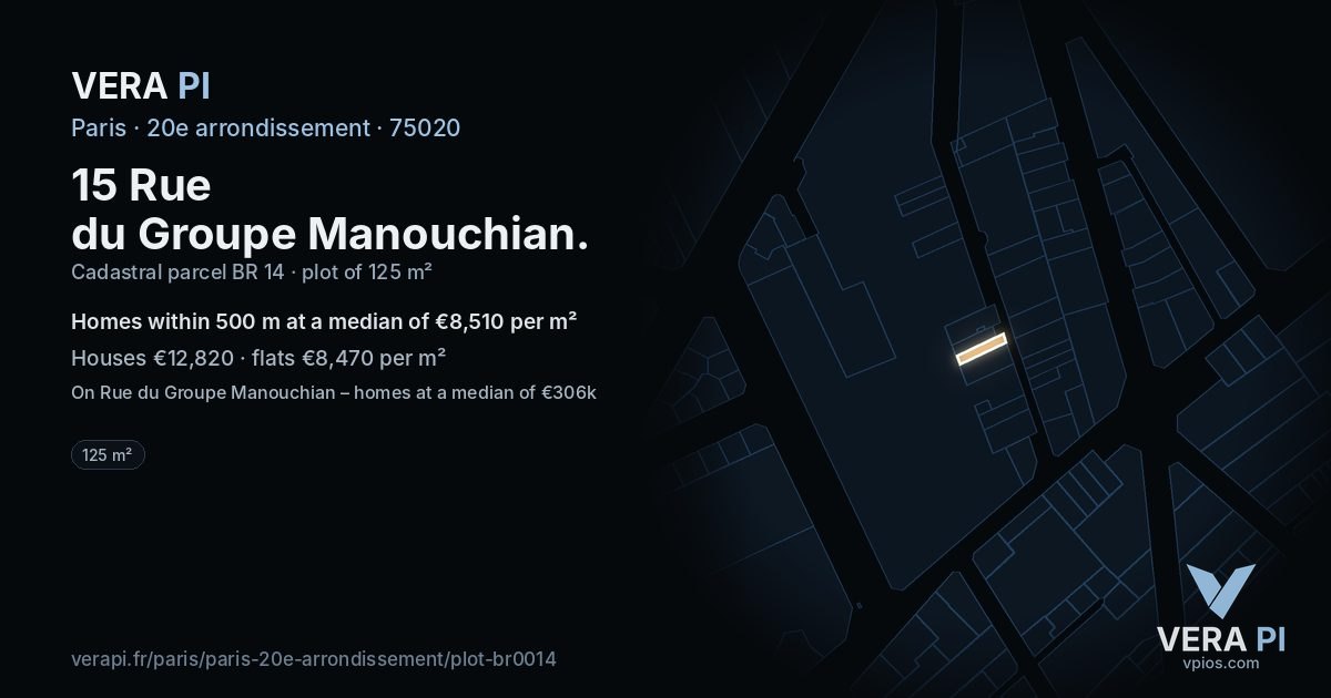15 Rue du Groupe Manouchian, 20e arrondissement at night – the plot lit, the parcels around coloured by the prices near them