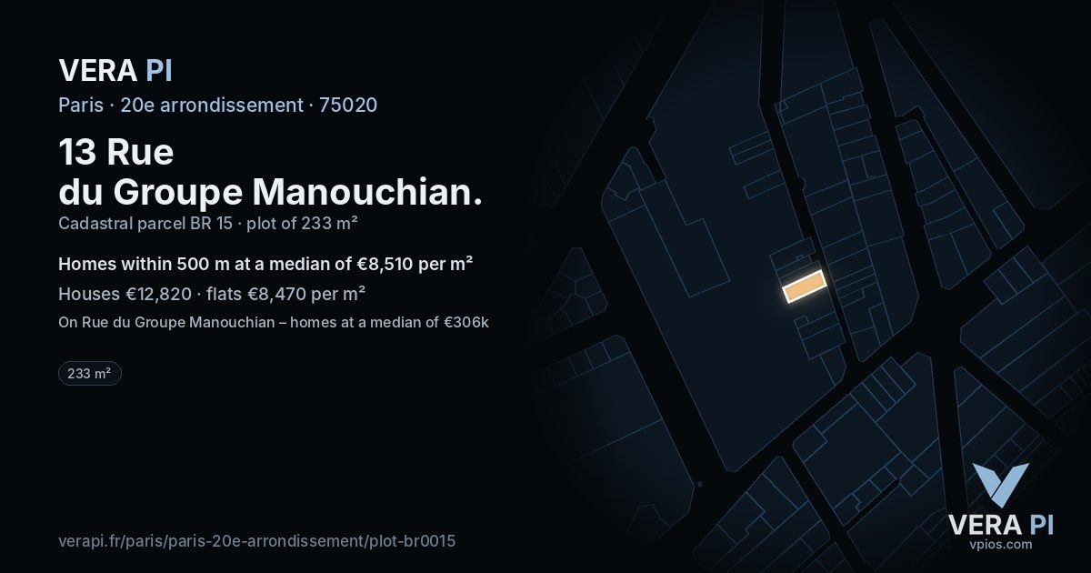 13 Rue du Groupe Manouchian, 20e arrondissement at night – the plot lit, the parcels around coloured by the prices near them