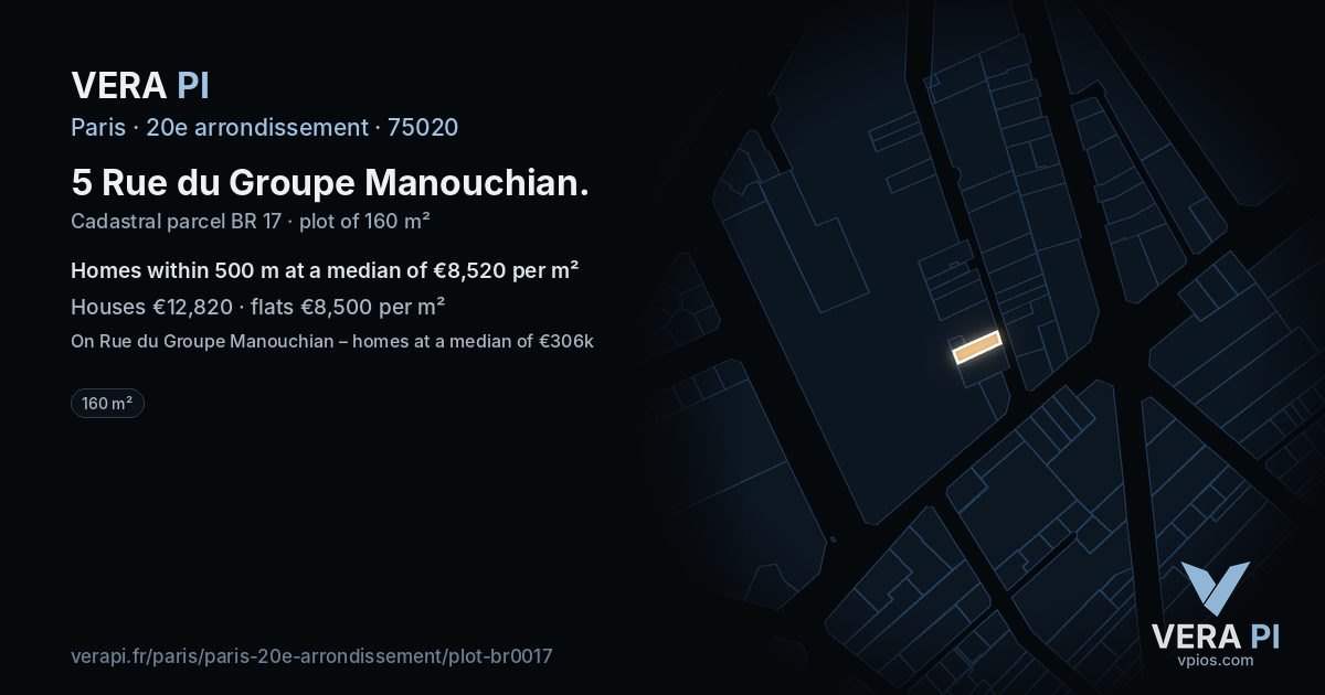 5 Rue du Groupe Manouchian, 20e arrondissement at night – the plot lit, the parcels around coloured by the prices near them
