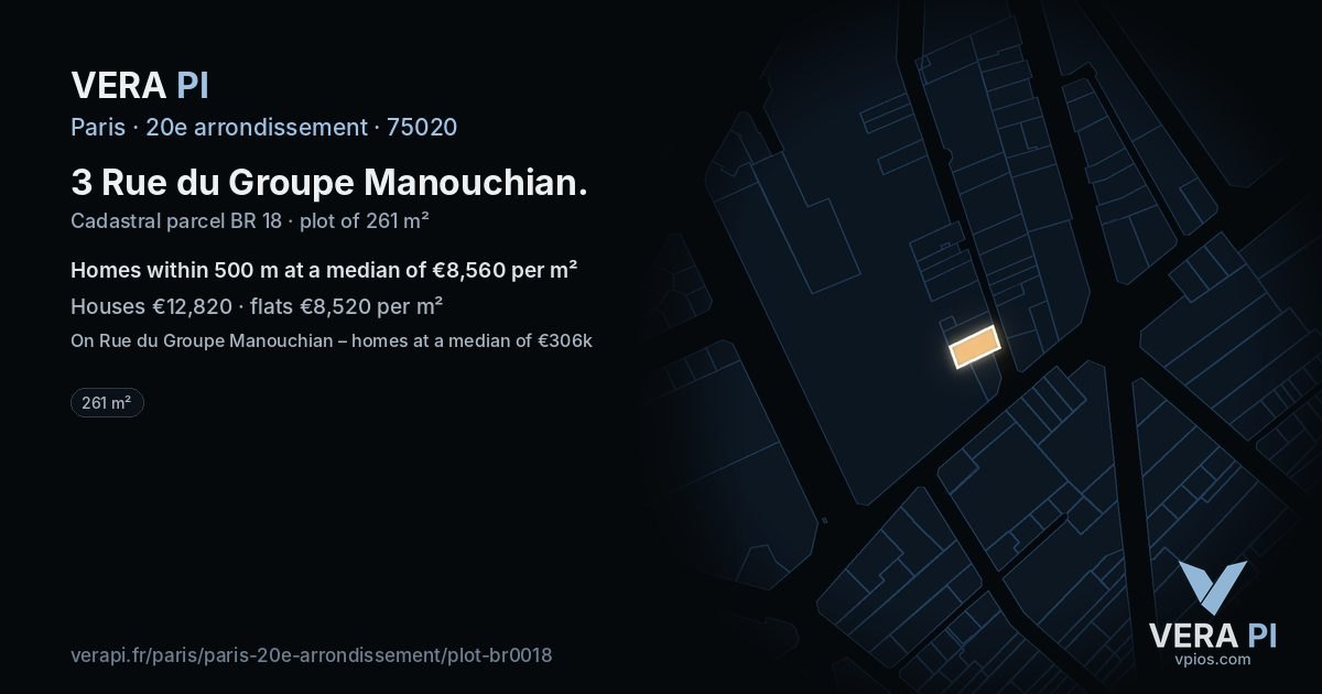 3 Rue du Groupe Manouchian, 20e arrondissement at night – the plot lit, the parcels around coloured by the prices near them