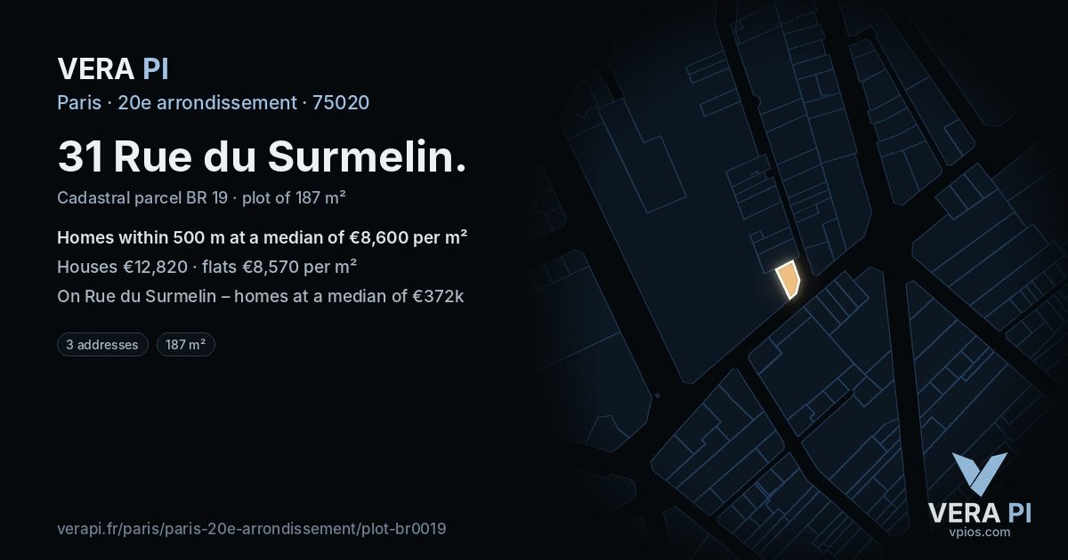 31 Rue du Surmelin, 20e arrondissement at night – the plot lit, the parcels around coloured by the prices near them
