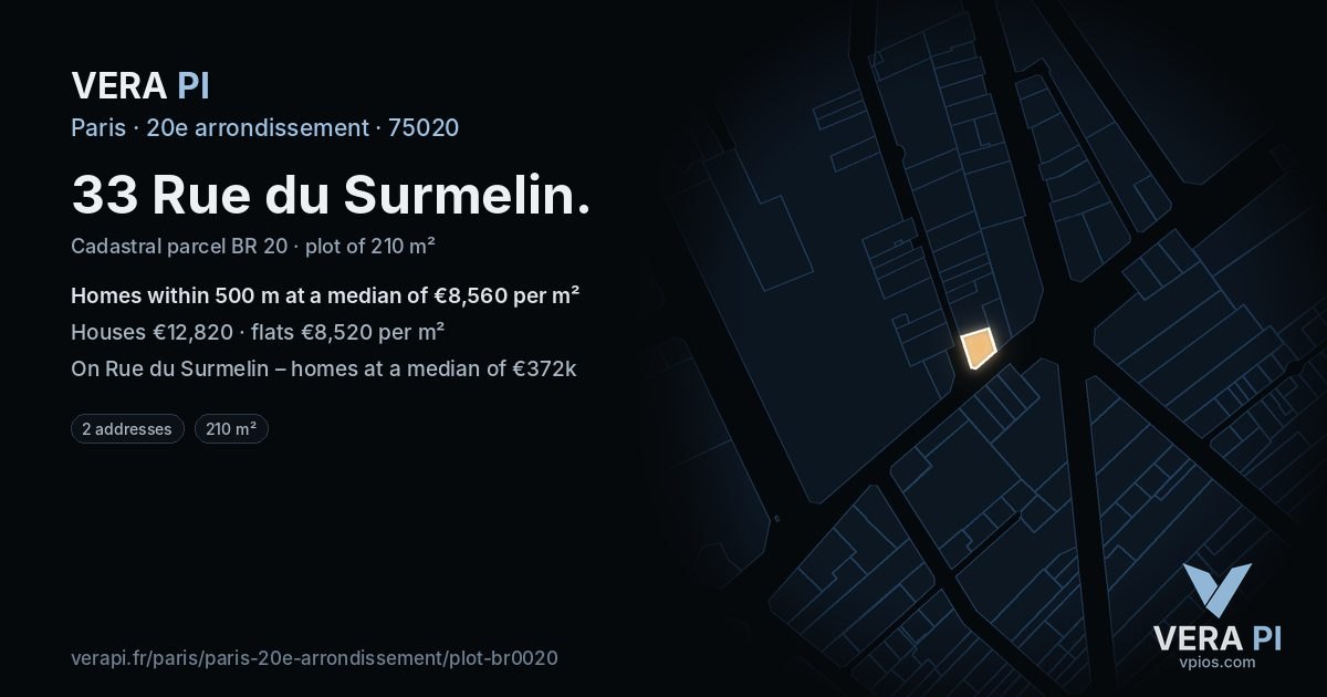 33 Rue du Surmelin, 20e arrondissement at night – the plot lit, the parcels around coloured by the prices near them