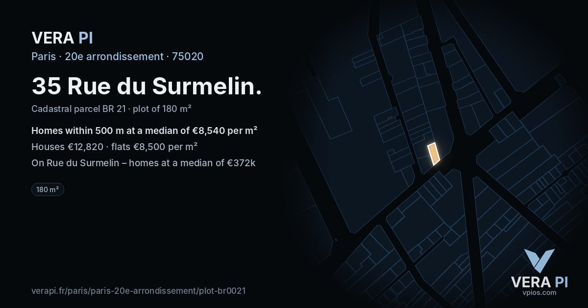 35 Rue du Surmelin, 20e arrondissement at night – the plot lit, the parcels around coloured by the prices near them